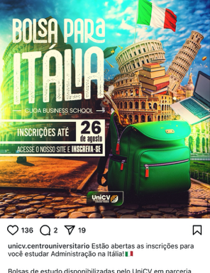 UniCV oferece bolsas para estudar Administração na Itália em parceria com IBS Americas